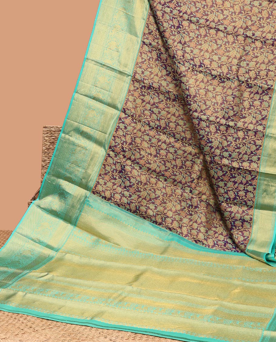 violet floral jacquard samudrika silk saree with contrast zari design border & intricate zari design pallu