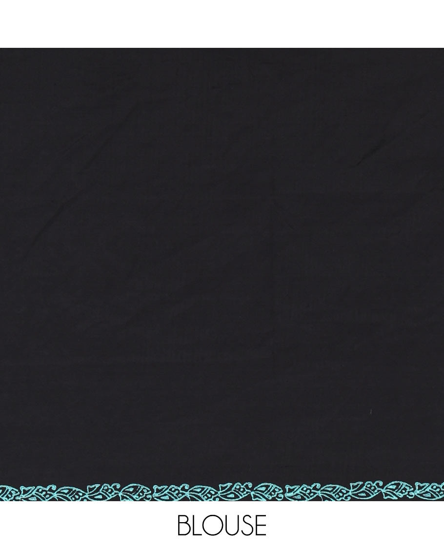 Black floral motifs hand block printed South cotton saree, floral hand block printed border and pallu, along with a contrast printed blouse