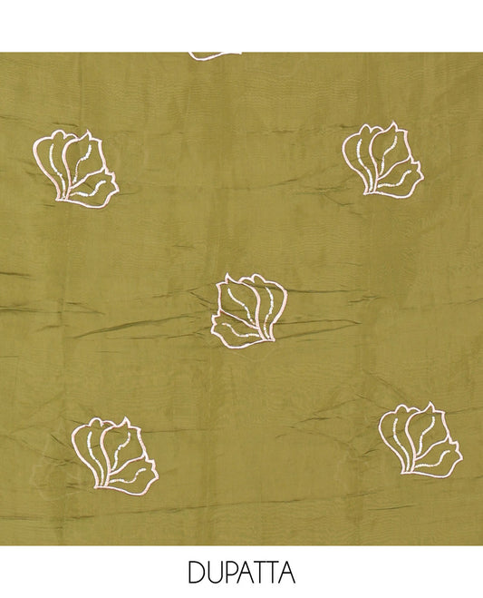 Green Mul Chanderi Material Churidar Set, Decked Up with Flower Embroidery and Sequins Work V-Neck Top, a Plain Santoon Bottom, and Paired with a Mul Chanderi Floral Embroidered Dupatta