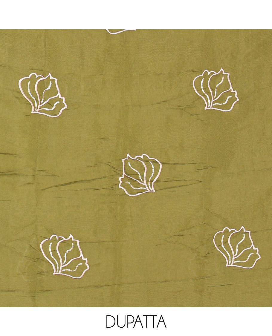 Green Mul Chanderi Material Churidar Set, Decked Up with Flower Embroidery and Sequins Work V-Neck Top, a Plain Santoon Bottom, and Paired with a Mul Chanderi Floral Embroidered Dupatta