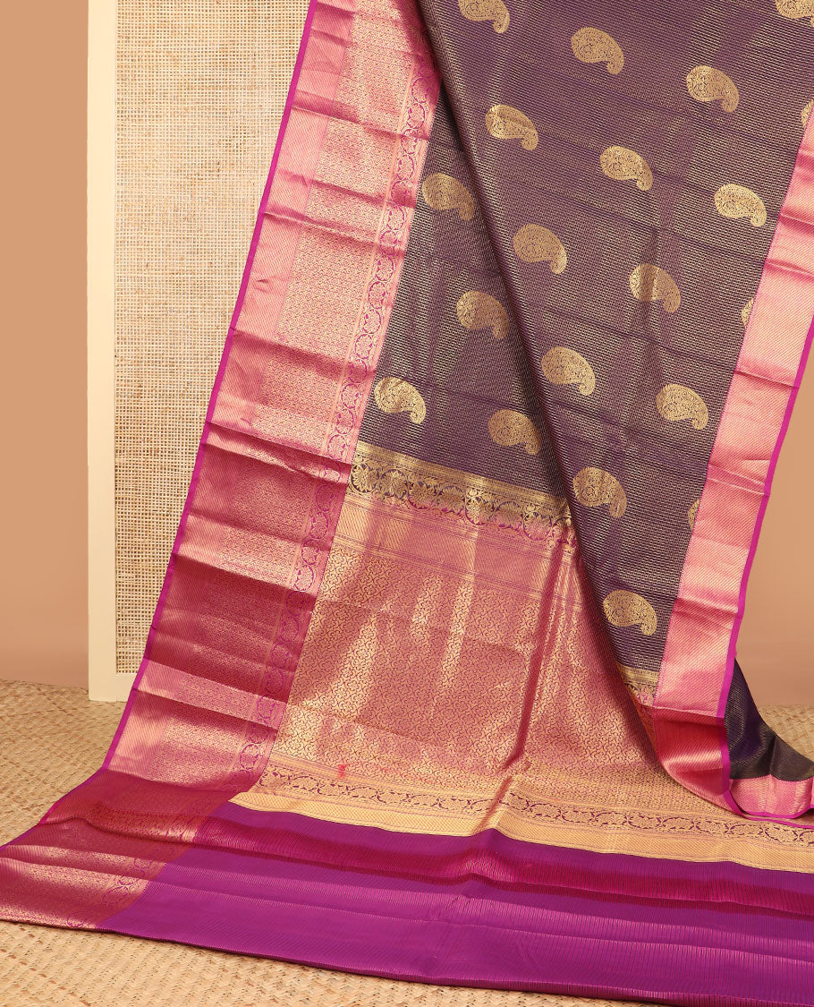 Brown checked, floral design silk saree with contrast intricate zari design border & floral zari design pallu