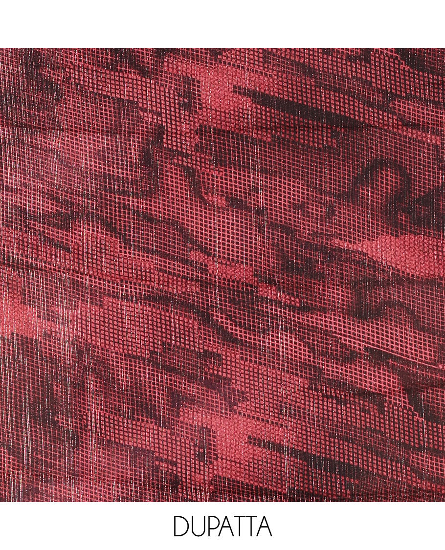 Magenta material chudidar set, abstract printed with mirrorwork vichitra silk top, santoon bottom, and abstract printed shimmer georgette dupatta