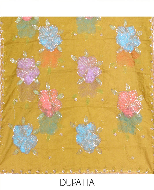 Green Vichitra Silk Material Chudidar Set, Delicately Woven with Pom-Pom Necklined Top, a Plain Santoon Bottom, and Paired Scallop Multi-Color Floral Embroidered Organza Dupatta