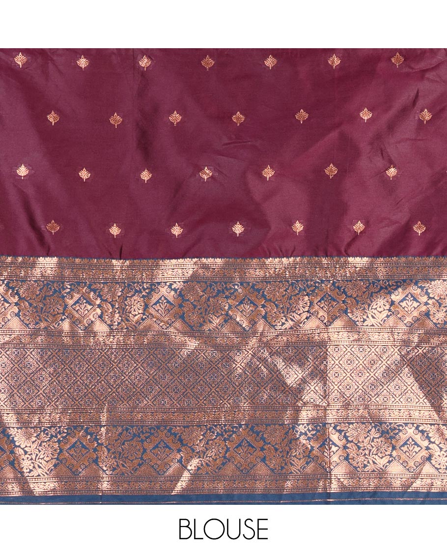 Wine taffeta silk half saree, zari buttas with contrast blue traditional zari border skirt, matching zari design blouse, and contrast plain zari border syska georgette dhavani