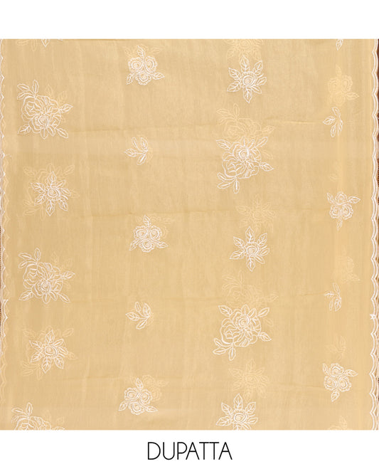 Gold Shimmer Georgette Material Chudidar Set, Gracefully Embellished with Floral Thread Embroidery on Its Top, a Plain Santoon Bottom, and Comes with a Floral Embroidered Shimmer Georgette Dupatta