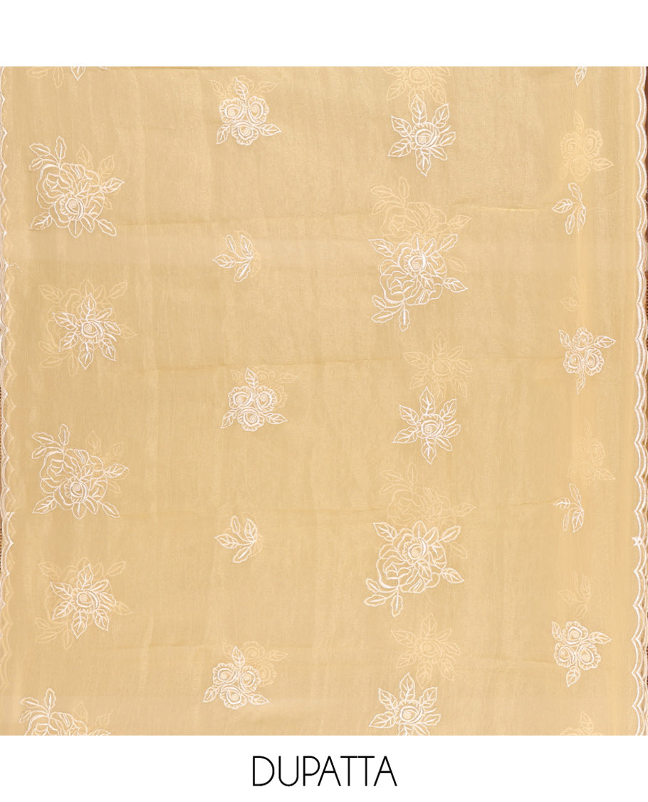 Gold Shimmer Georgette Material Chudidar Set, Gracefully Embellished with Floral Thread Embroidery on Its Top, a Plain Santoon Bottom, and Comes with a Floral Embroidered Shimmer Georgette Dupatta