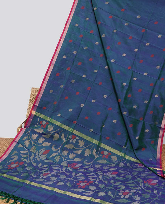 Dark Blue motifs uppada silk saree with contrast zari border & floral vine design pallu