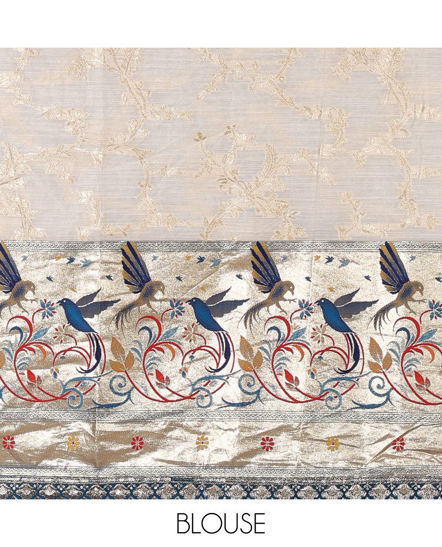 Cream banaras halfsaree, jaal jacquard skirt, contrast brown paithani border, matching blouse, and Syska georgette embroidered dhavani