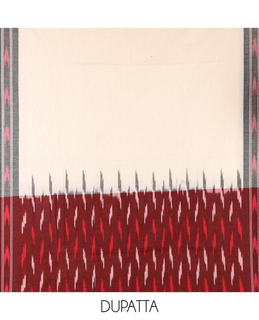 Maroon material chudidar set, unique motifs pure cotton pochampally ikkat top, contrast cream bottom & pure cotton pochampally ikkat dual-color dupatta