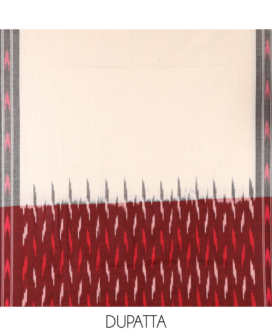 Maroon material chudidar set, unique motifs pure cotton pochampally ikkat top, contrast cream bottom & pure cotton pochampally ikkat dual-color dupatta