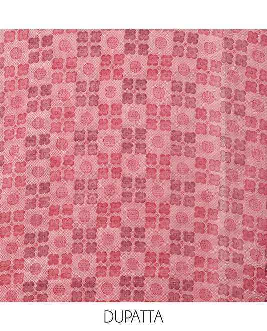Onion pink Vichitra silk material chudidar set, brasso print & mirror embroidered neck work top, santoon bottom & four-petal floral motifs printed dupatta