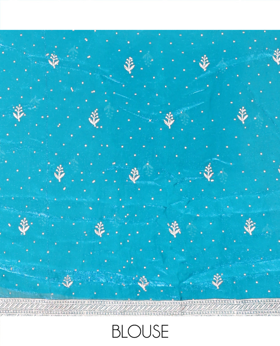 Blue Fendi Organza Half-Saree, with Embroidered Buttas on Its Skirt, Embroidered Scallop Border, Paired with a Matching Blouse, and an Embroidered Fendi Organza Scallop Dhavani