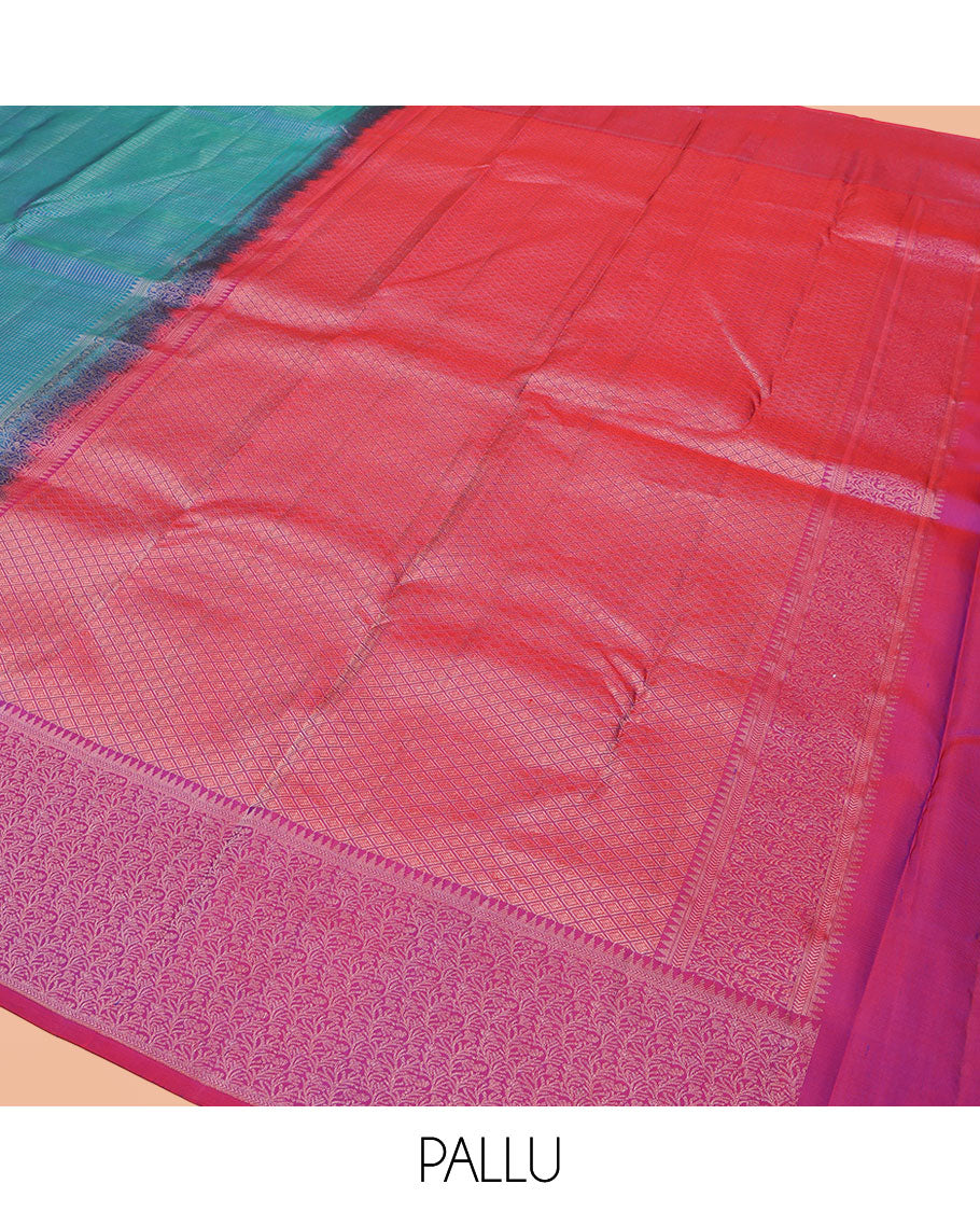 Blue Vasundhara Silk Saree, Woven with Micro-Checked Designs All Over Its Body, Complemented by a Contrast Border of Rekku, Kathir, and Leaf Designs, Jaal Pallu, and Paired with a Contrast Blouse