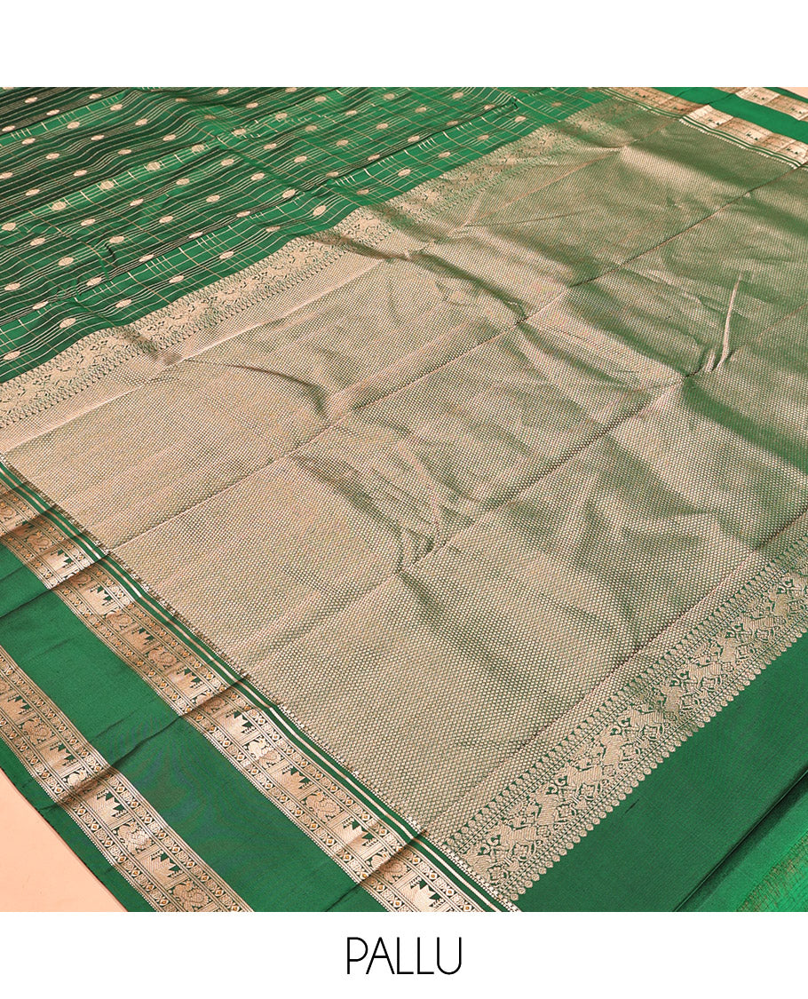 Green Kanchipuram Silk Saree, Detailed with Buttas and Checks, a Zari Rettai Pettu Border of Thazampoo Rekku, and Mayil Designs, Grand Pallu, and a Matching Blouse