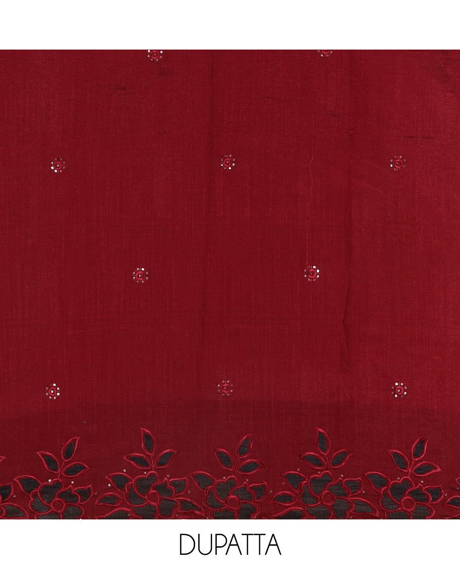 Maroon material chudidar set, sequins work with floral Aplic embroidered Vichitra silk top, matching bottom, and an embroidered dupatta