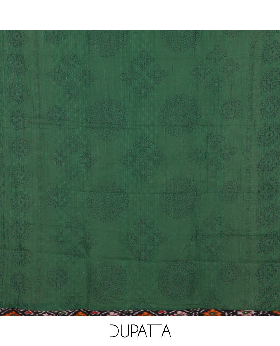 Green pochampally design flex cotton chudidhar material top with cotton pants & pochampally design dupatta