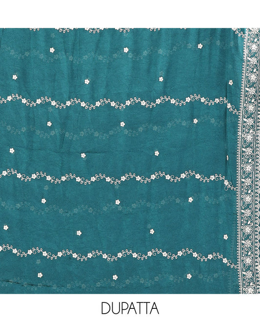 Blue Vichitra crush material chudidar set, thread & bead floral embroidery top, plain santoon bottom & floral thread embroidery dupatta