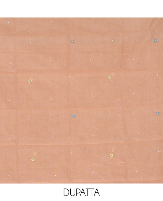 Peach net kota material chudidar set, macaw parrot, and flower motifs, multi-color sugar bead embroidered top, plain santoon bottom, and sugar bead embroidered dupatta