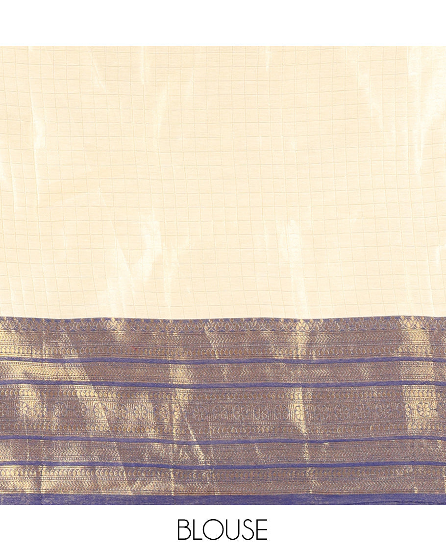 Cream-Navy Blue Semi-Silk Half-Saree