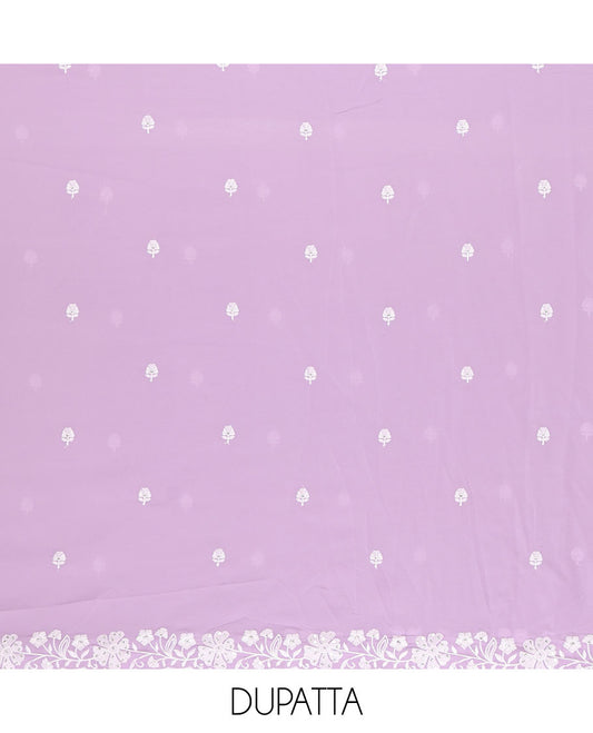 Lavender material chudidar set, floral thread embroidered georgette top, plain bottom, and floral motifs embroidered scallop georgette dupatta