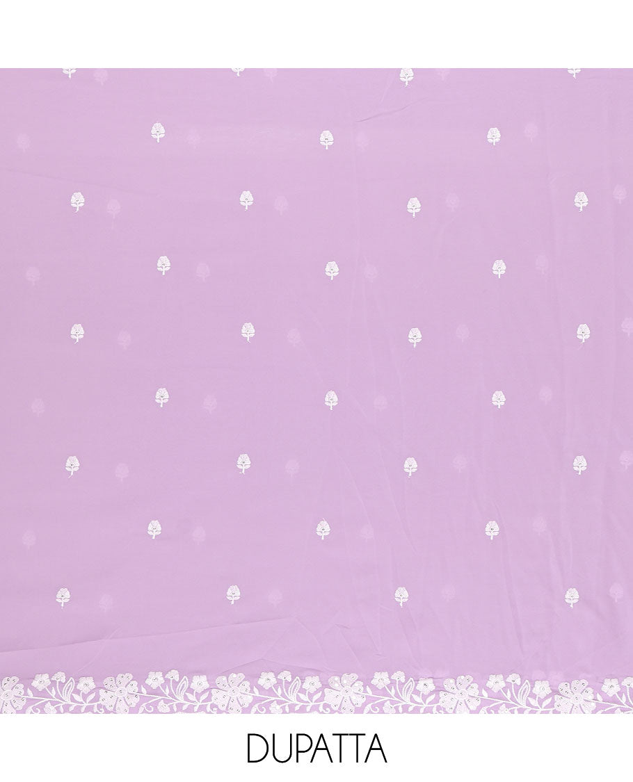 Lavender material chudidar set, floral thread embroidered georgette top, plain bottom, and floral motifs embroidered scallop georgette dupatta