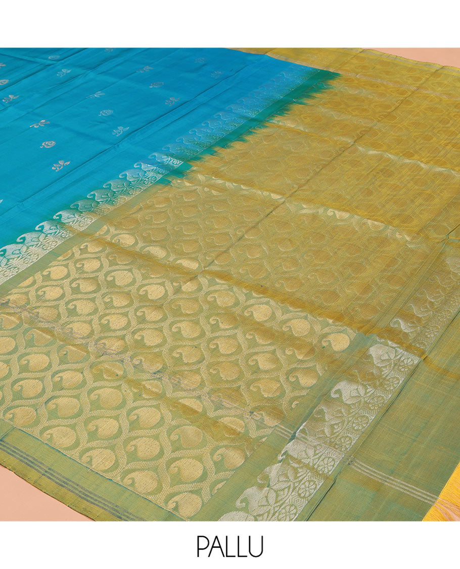 Blue Uppada Silk Saree, Beautified with Floral Buttas All Over Its Body, Complemented by a Contrast Border of Meena Buttas, Pallu of Paisley Butta Enclosed Checks, and Paired with a Contrast Blouse
