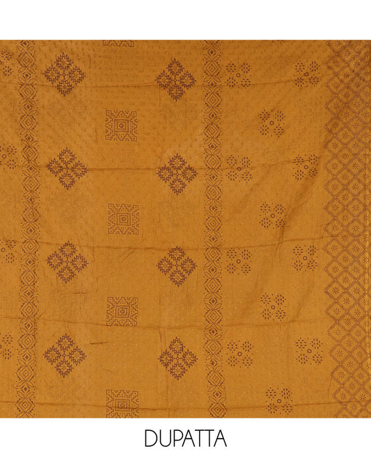 Green-mustard flex cotton material chudidar set, ikkat printed & oxidised charm woven top, contrast bottom & negative printed dupatta