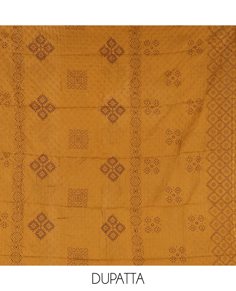 Green-mustard flex cotton material chudidar set, ikkat printed & oxidised charm woven top, contrast bottom & negative printed dupatta