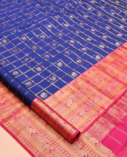 Blue Vasundhara Lite Silk Mix Saree, Enriched with Butta Enclosed Checks, a Contrast Border of Yaanai, Chakram, and Neli Designs, Vanki Pallu, and a Contrast Blouse