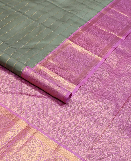 Grey veldhari zari stripes Kanchipuram korvai silk saree, contrast neer korvai border of rekku, muthu, mayil kann, and round chakram designs, and jaal pallu