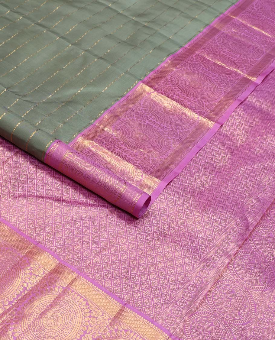 Grey veldhari zari stripes Kanchipuram korvai silk saree, contrast neer korvai border of rekku, muthu, mayil kann, and round chakram designs, and jaal pallu