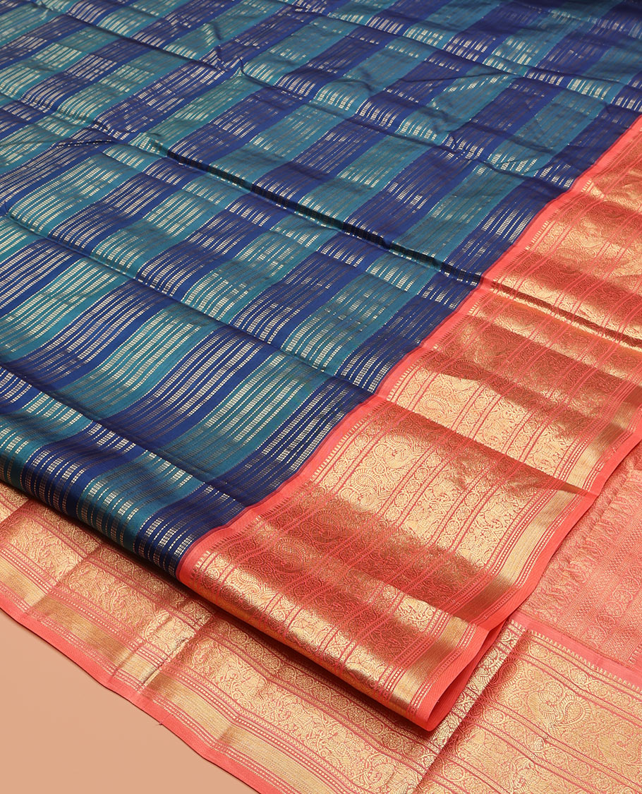Blue Zari Striped Vasundhara Silk Saree, Contrast Border of Rekku, Kodi Visiry, Mayil, and Kuthirai Designs, Grand Pallu, and a Contrast Blouse