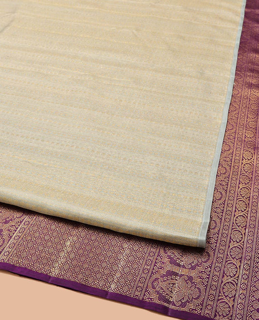 Borderless Grey Kanchipuram Designer Silk Saree, Subtly Steeped with Traditional Designs All Over Its Body, Complemented by Captivating Contrast Pallu of Jaal Designs, and Paired with a Contrast Blouse