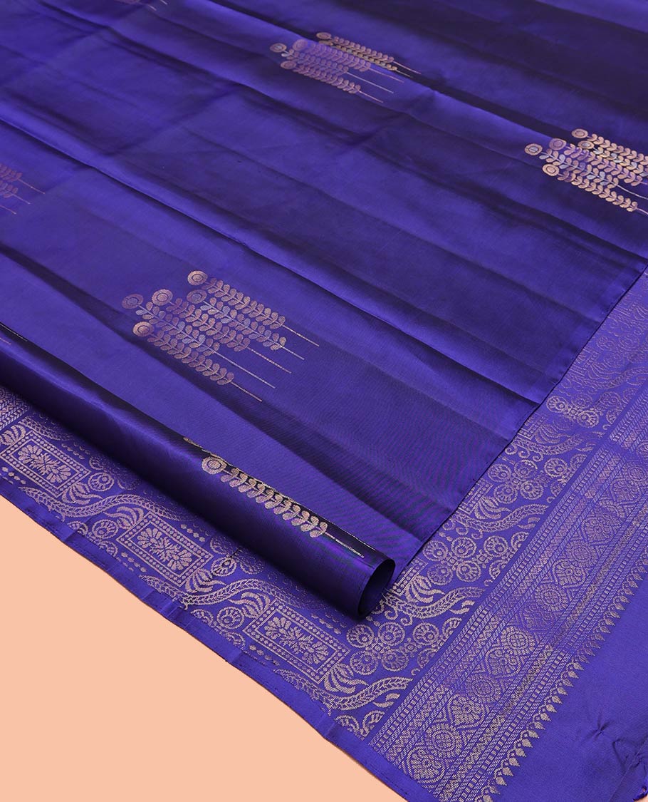 Borderless Blue Mayuri Soft Silk Saree, Mesmerized with Zari Buttas All Over Its Body, Self-Pallu of Geometric Designs, and Paired with a Matching Blouse