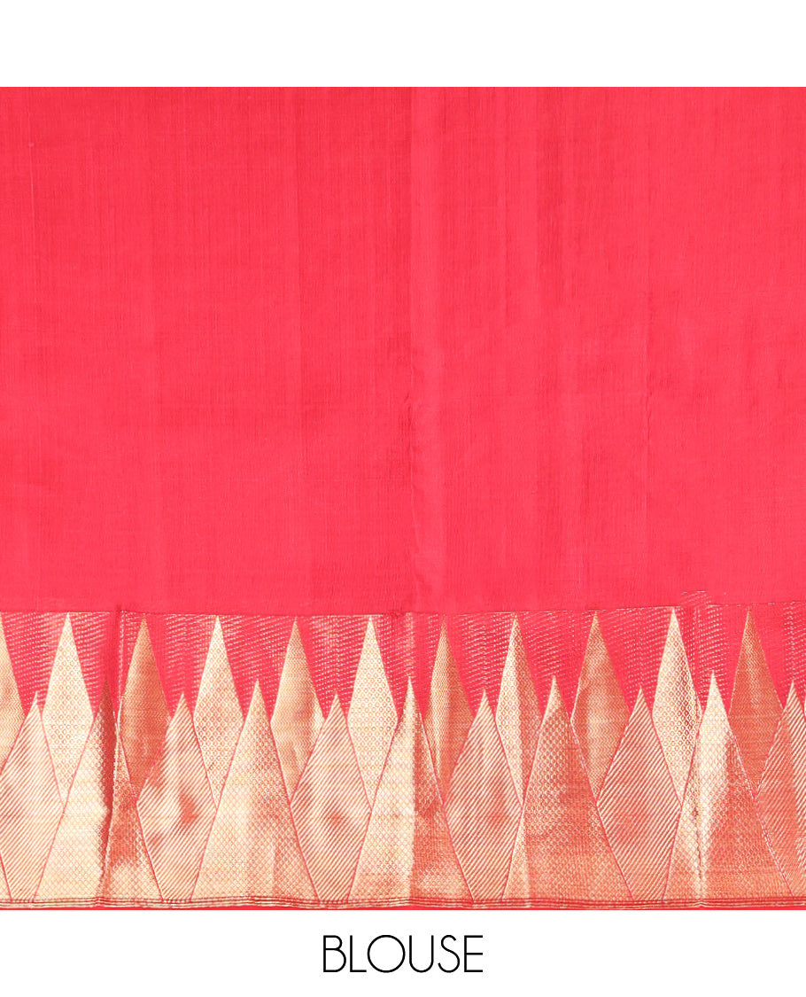 Red Plain Kanchipuram Silk Saree, Highlighted by a Zari Temple Border of Mayil Kann, and Vanki Designs, Grand Jaal Pallu, and Matching Blouse