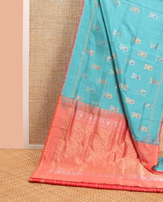 Light blue floral design uppada saree with self striped border & floral design pallu