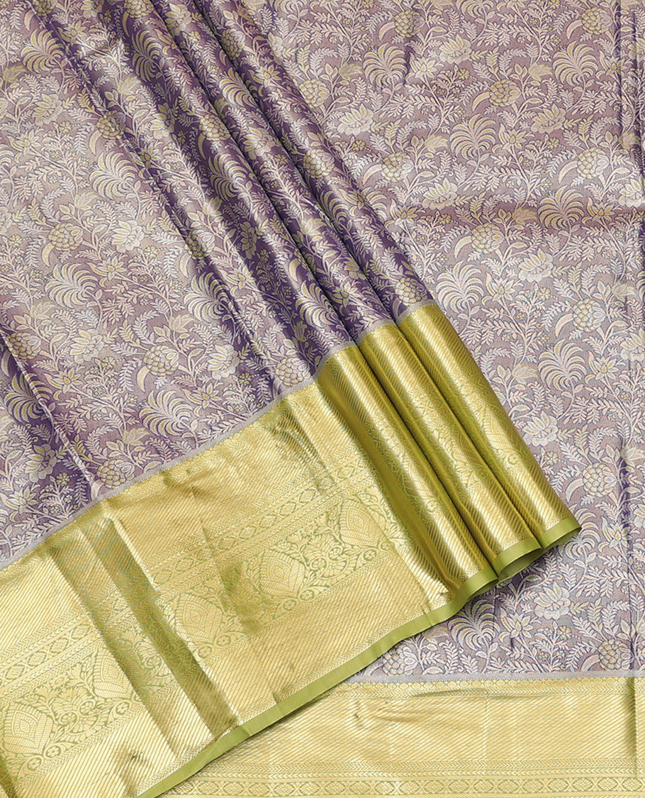 Grey-Violet Art Silk Material Half Saree Set Featuring a Jacquard Skirt, a Contrast Traditional Zari Design Border, Contrast Blouse, and Zari Designs Dhavani