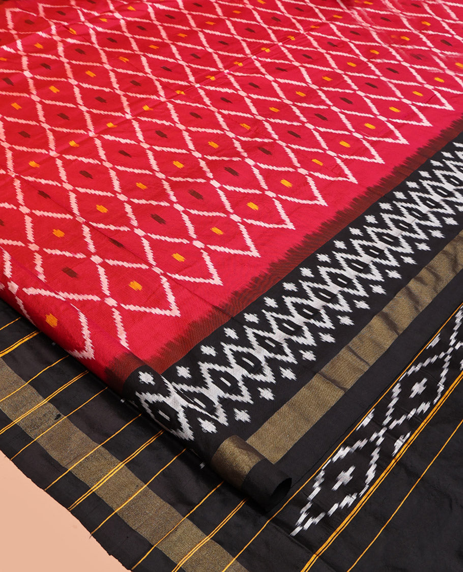 Red Pochampally Ikat Silk Saree, Elevated with Ikat Butta Enclosed Jaal Design, Complemented by a Contrast Ikkat Woven Border, Pallu of Ikkat Weave, and Paired with a Contrast Blouse
