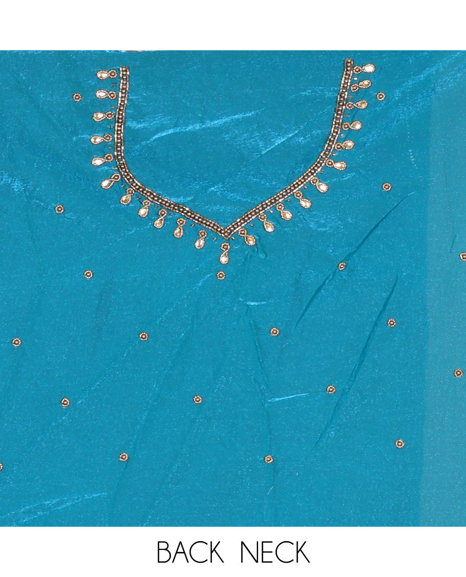 Rama Blue Fendi Organza  Half-Saree, Plain Skirt, Matching Embroidered Blouse, Matching Scallop Dhavani