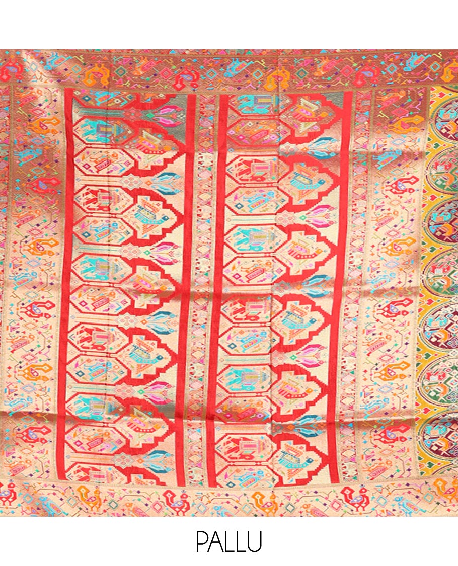 Multi-Color Dola Silk Saree, Artfully Printed with Colorful Patola-Style Animal Motifs on Its Body, Complemented by Contrast Patola-Style Zari and Print Border, Pallu of Paisleys, and Paired with a Contrast Blouse