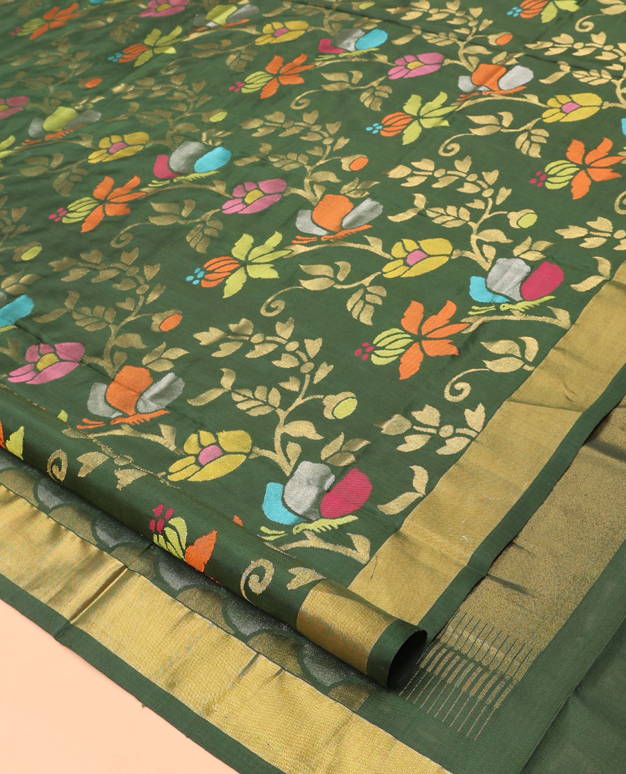 Green Uppada Saree, Artfully Detailed with Meenakari Floral Vine Weave, a Subtle Zari Border, Scallop-Patterned Pallu, and a Matching Blouse
