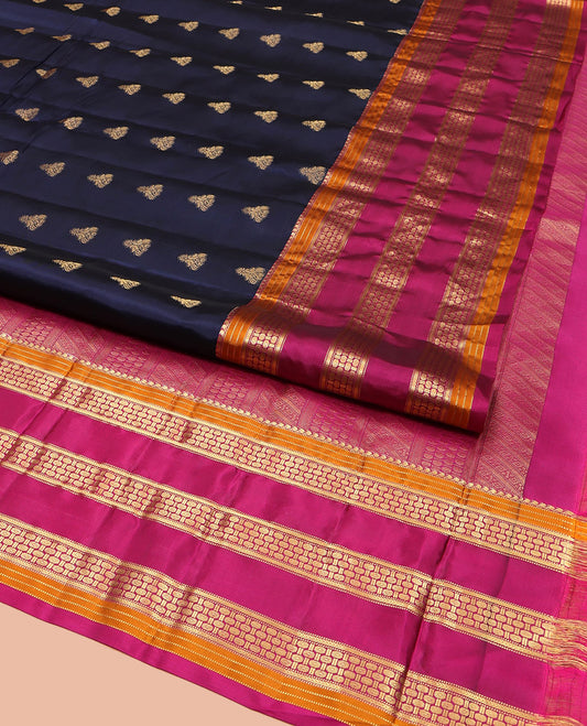 Blue Vasundhara Lite Silk Mix Saree, Elevated with Zari Buttas All Over Its Body, Complemented by a Contrast Border of Manga Mokku, Muthu, and Rudraksham Designs, Gracefully Embellished Pallu, and Paired with a Contrast Blouse