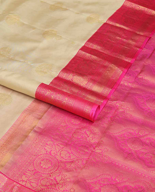 Cream floral buttas silk saree with contrast intricate border of thilakam mokku, banaras, paun, mayil design & floral design pallu