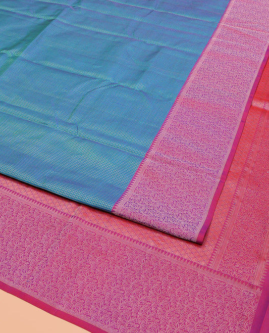 Blue Vasundhara Silk Saree, Woven with Micro-Checked Designs All Over Its Body, Complemented by a Contrast Border of Rekku, Kathir, and Leaf Designs, Jaal Pallu, and Paired with a Contrast Blouse