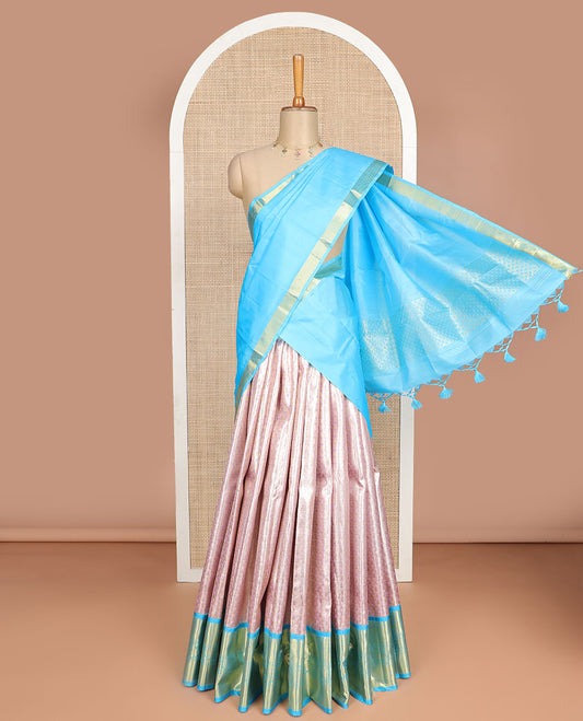 Baby pink floral jaal silk half saree with contrast vorder of paun , banaras design, zari design blouse & zari design border dhavani