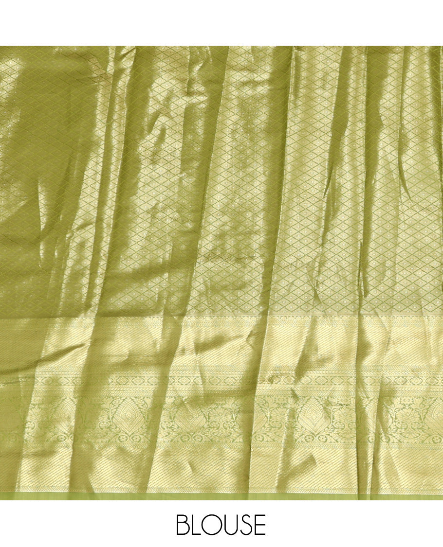 Grey-Violet Art Silk Material Half Saree Set Featuring a Jacquard Skirt, a Contrast Traditional Zari Design Border, Contrast Blouse, and Zari Designs Dhavani