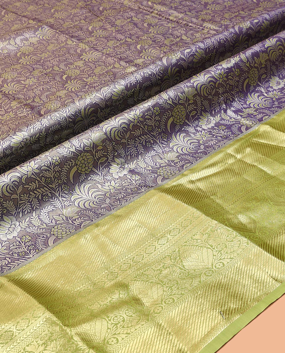 Grey-Violet Art Silk Material Half Saree Set Featuring a Jacquard Skirt, a Contrast Traditional Zari Design Border, Contrast Blouse, and Zari Designs Dhavani