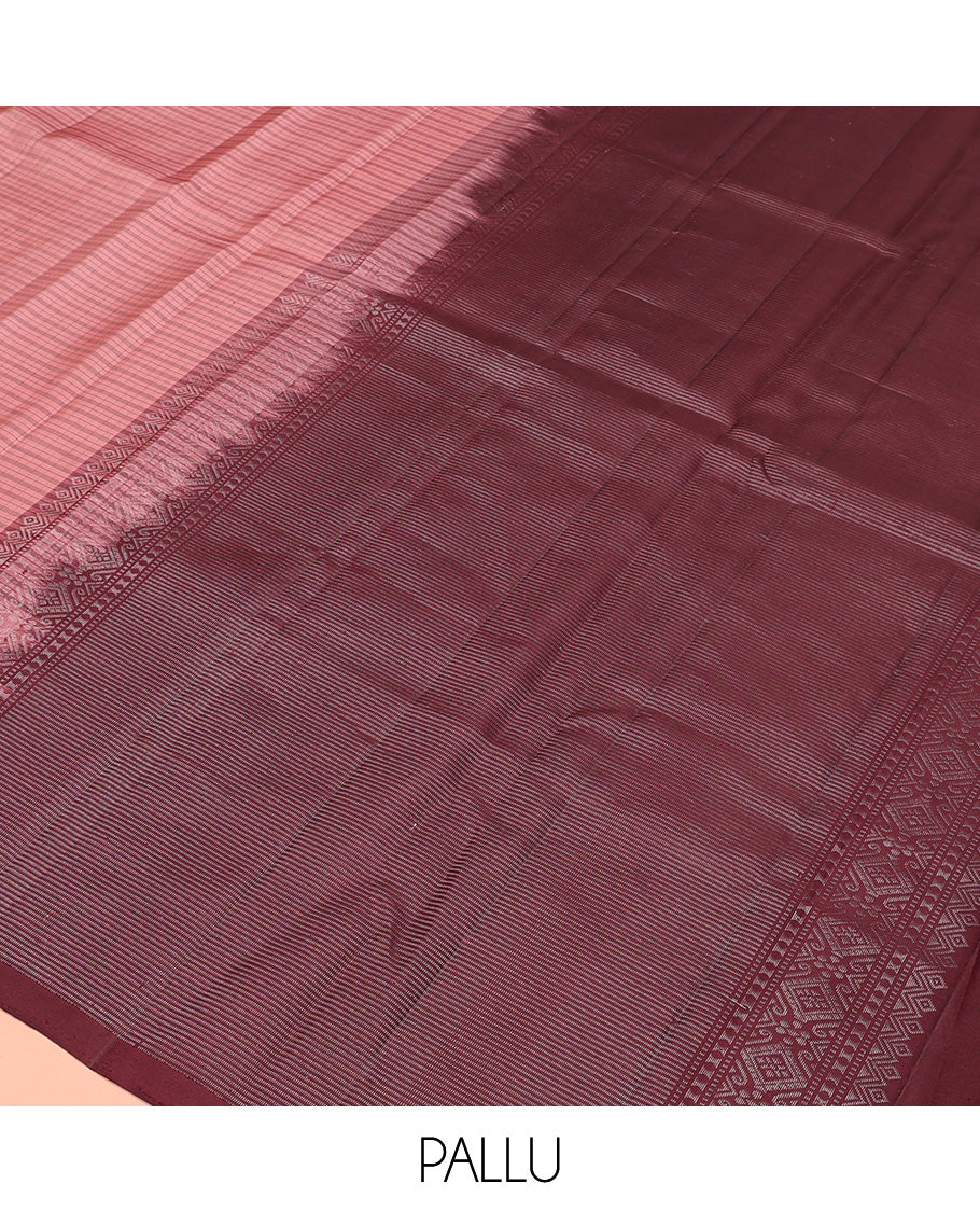 Pink checked Kanchipuram silk saree, self-border of mayil motifs, and contrast pallu of stripes