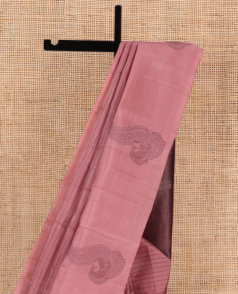 Pink checked Kanchipuram silk saree, self-border of mayil motifs, and contrast pallu of stripes
