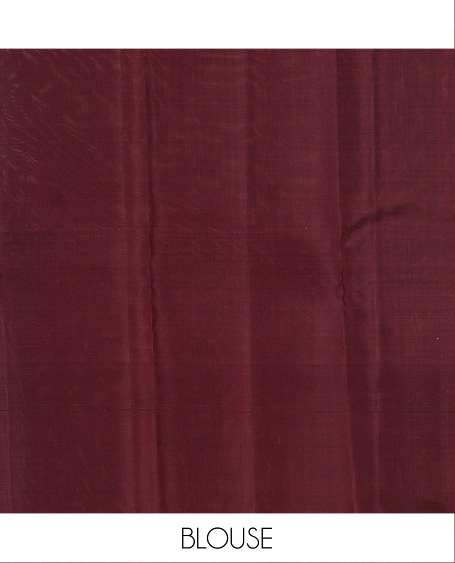 Pink checked Kanchipuram silk saree, self-border of mayil motifs, and contrast pallu of stripes